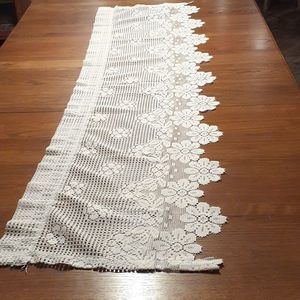 Pair (1 shown) of lovely 66" L white heritage lace with floral design valances.